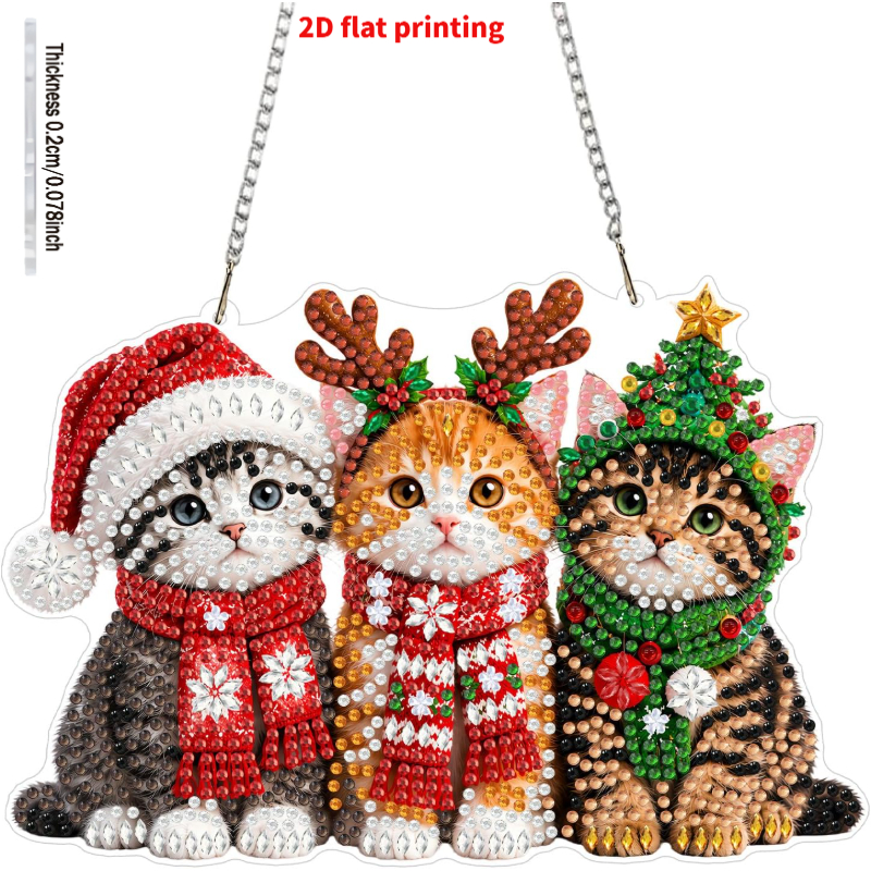 TEMU 2d Flat Printing Christmas Cat Hanging Diamond Painting, Adult Cat-shaped 5d Special Shape Gemstone Art Ornament With Chain, Home Window Wall