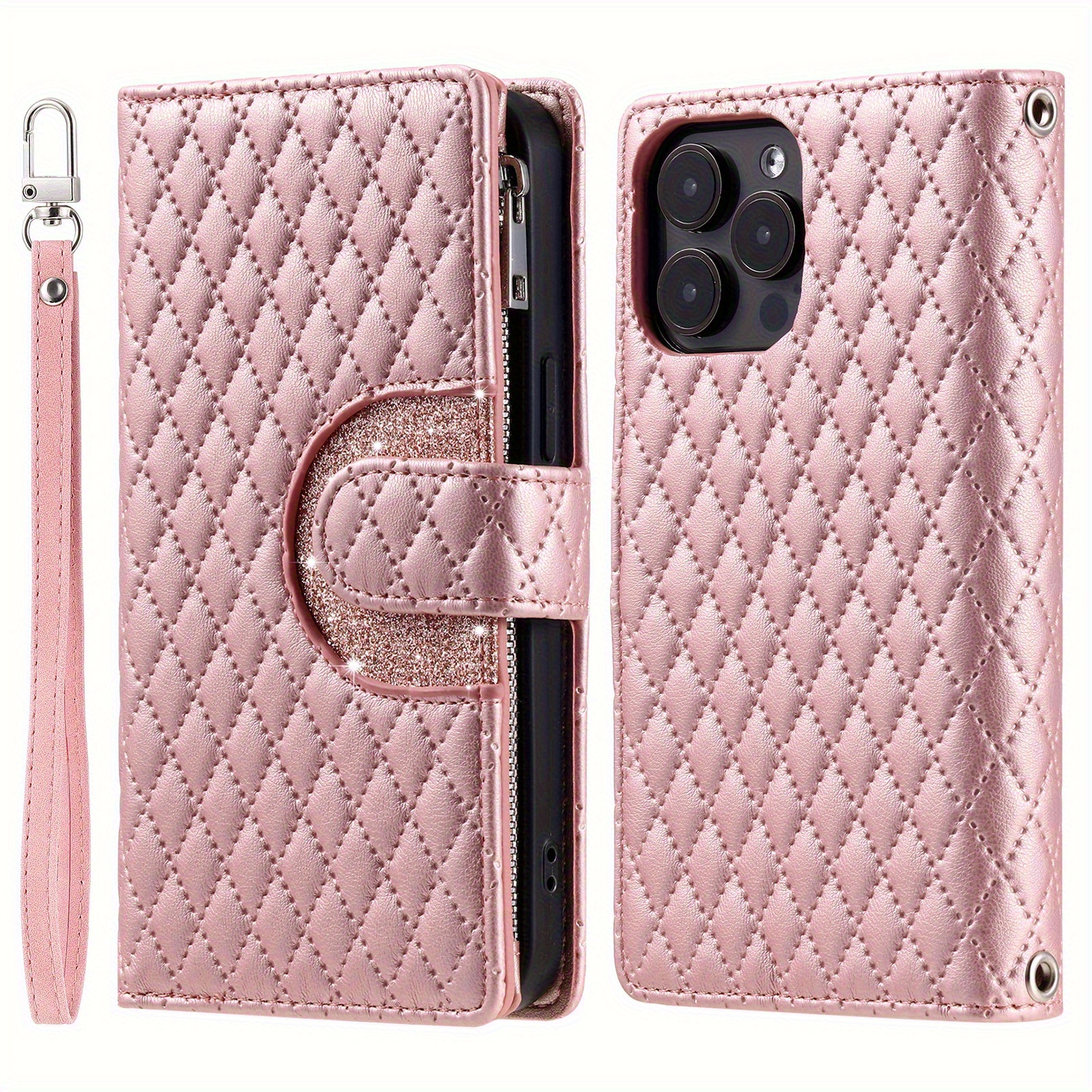 TEMU Phone Case - Glitter Checkered Zip Wallet Card Holder Phone Case, Multifunctional Flip Cover With Credit Card Slots And Stand, Protective Faux