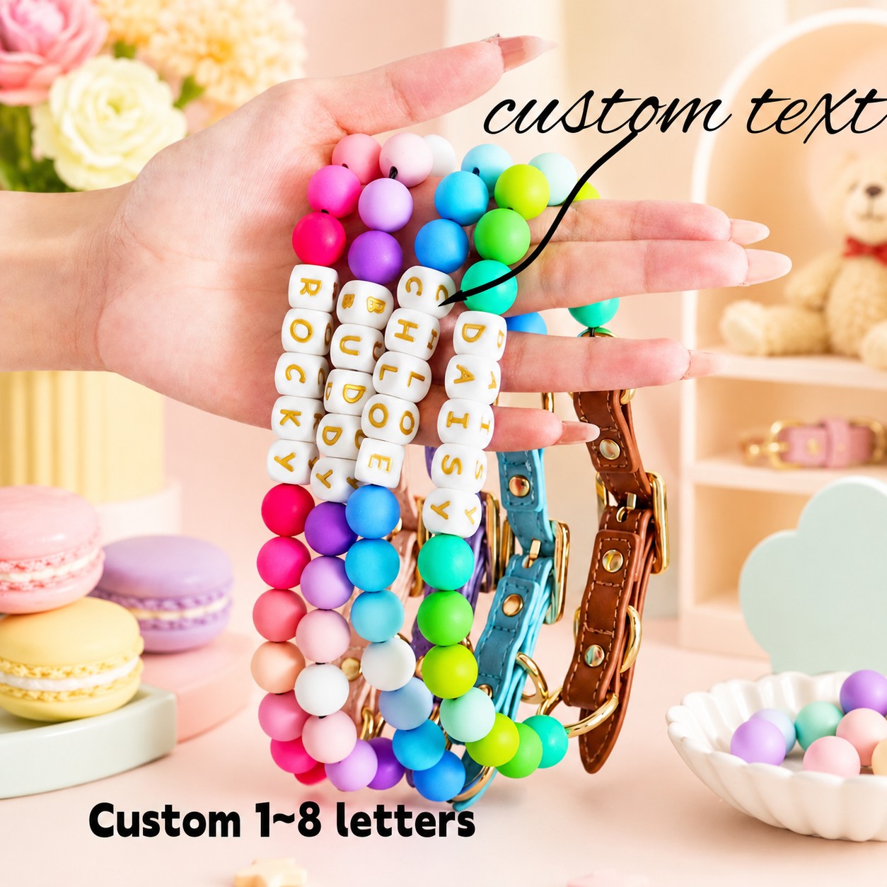 Custom Name Beaded Pet Collar with Adjustable PU Design