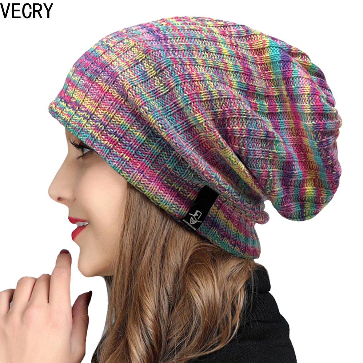 

Vecry Women's Color Block Slouchy Beanie Hat - Fantasy Charm Style, Soft Knitted Polyester With Acrylic, Medium Stretch, Hand Washable, For Winter, Halloween, Thanksgiving, Christmas