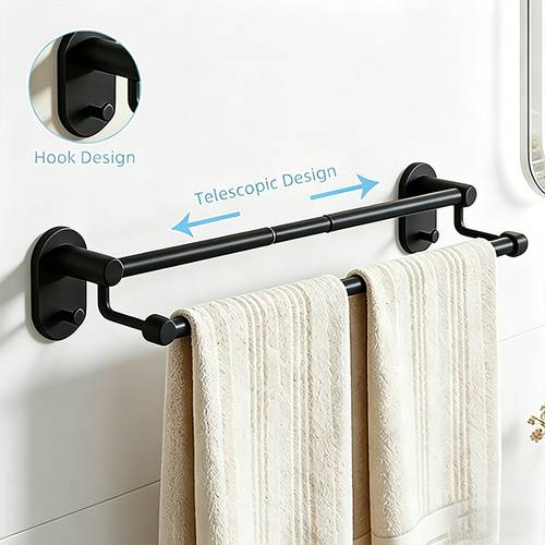 bathroom towel rack adjustable towel bar 13 39 21 65in 37 4in no nail self wall mounted bathroom towel organizer with hooks carbon steel organizer 1pc matte black