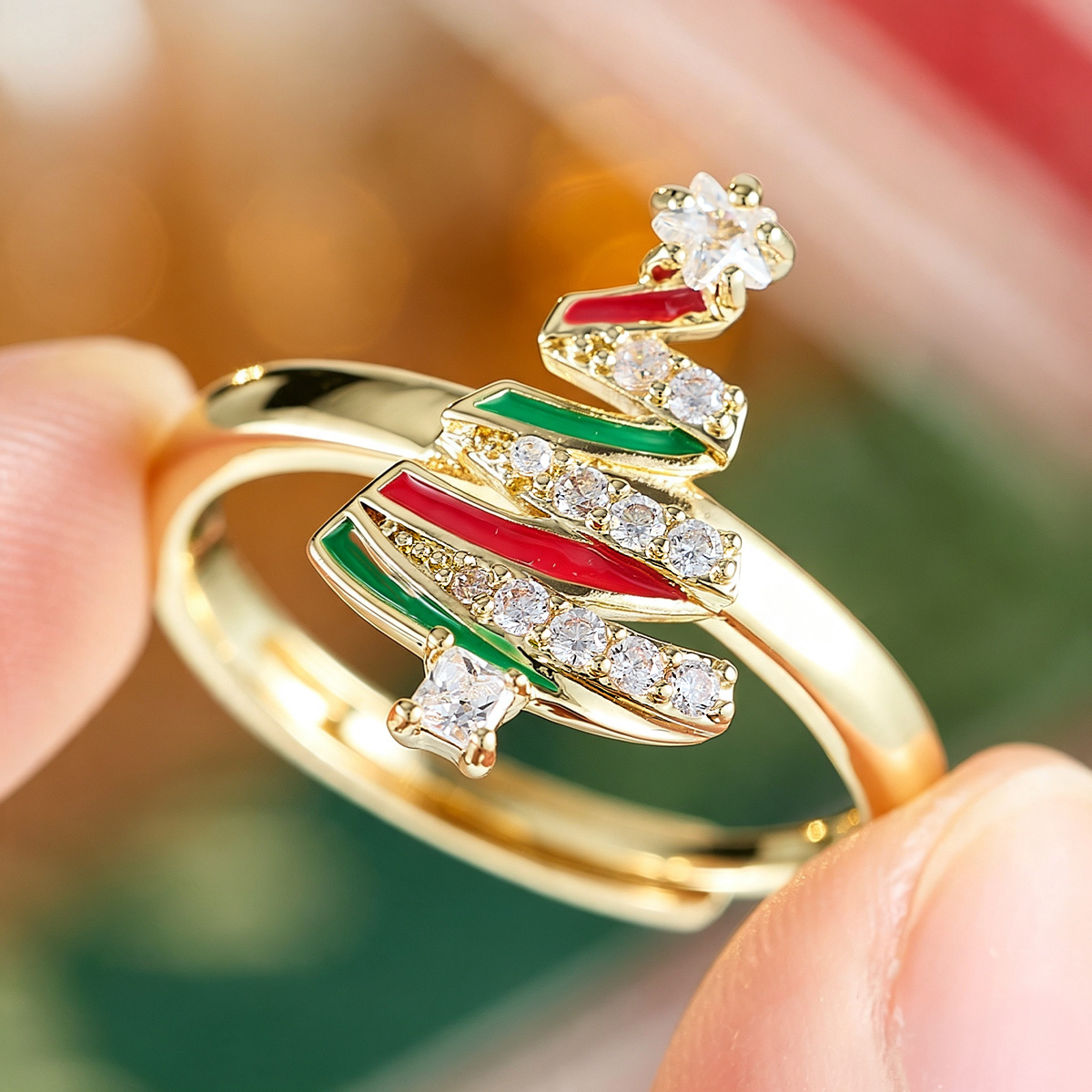 TEMU 1pc, Christmas-themed Spiral Christmas Tree Ring, Copper Material Inlaid Zirconia , Festive Hand Jewelry, Suitable For Wear, , Halloween,