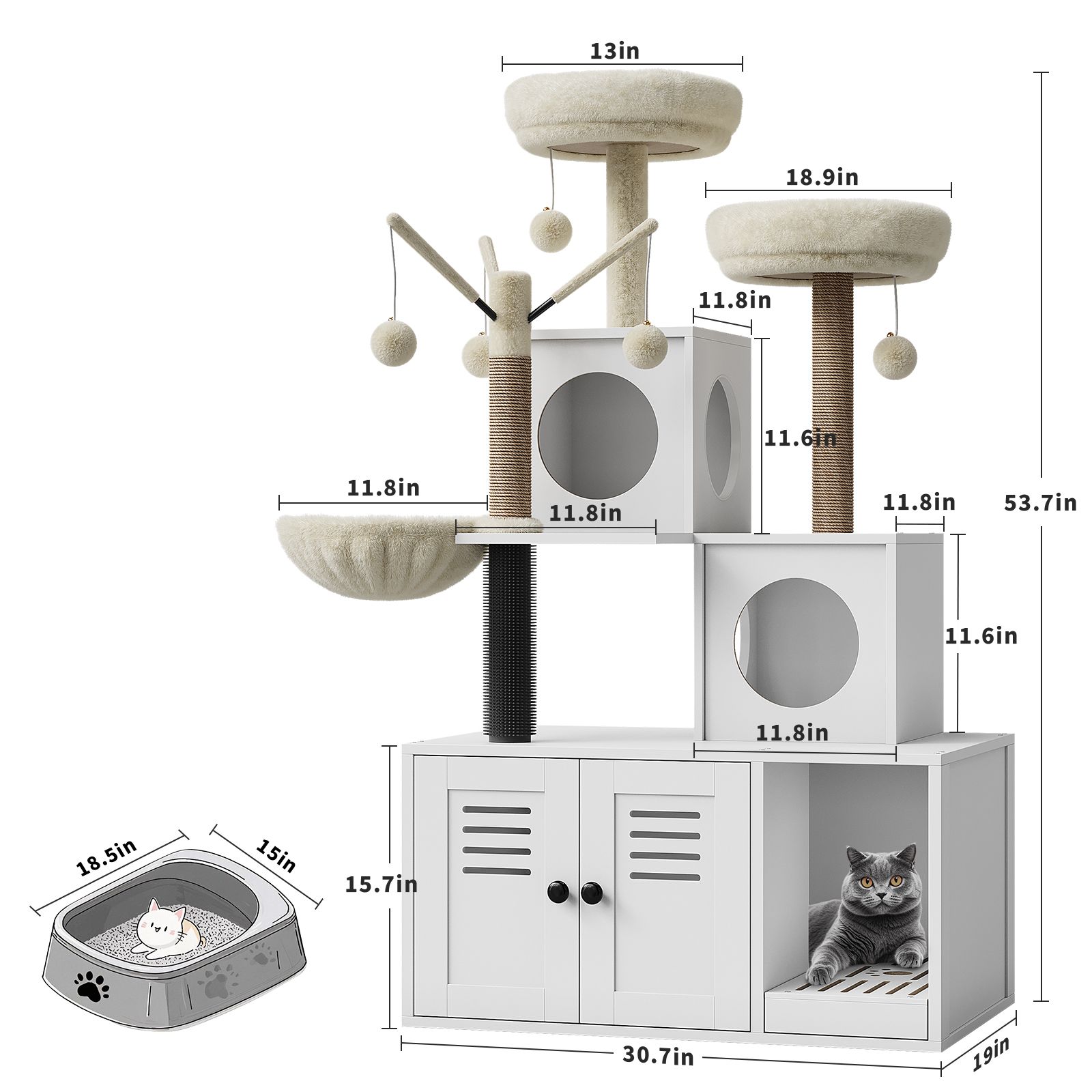 54. 3" Modern Cat Tree Tower With Hidden Litter Box Enclosure Multi-level Wooden Cat Furniture, Sisal Scratching Posts, Soft Perch, Condo Stylish Pet Toy For Indoor Cats