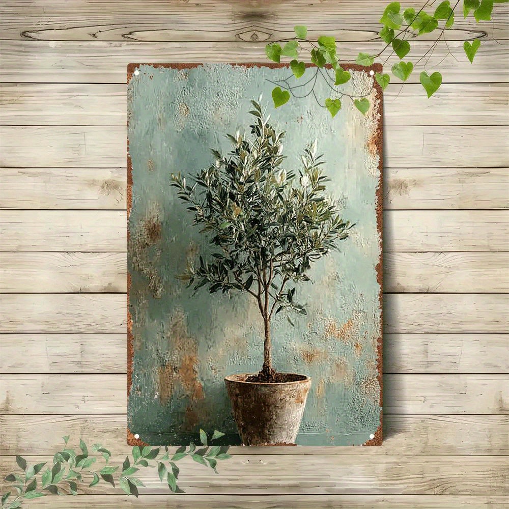 TEMU 1pc Of Decorative Wooden Wall Art, Vintage Textured Olive Tree Potted Plant, Suitable For Home, Restaurant, Bar, For Man Cave, Café, And Garage,
