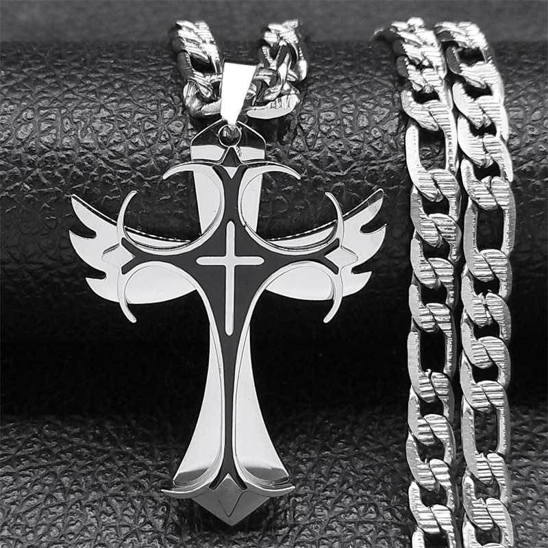 Image of 1pc Men's Heavy-duty 201 Stainless Steel Cross Pendant Necklace - Interlocking Chain, Black And Golden Gothic/, Durable Jewelry Gift For Daily And Formal Wear, Christmas, Birthdays, Anniversaries