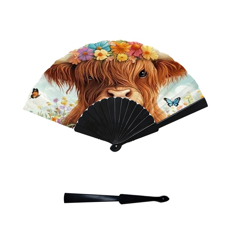 TEMU Hobby Floral Highland Cow Print Fan, Plastic Fan With Fan Bones, Cute Decorative Cooling Handheld Fan, Suitable For Daily Use, Outdoor