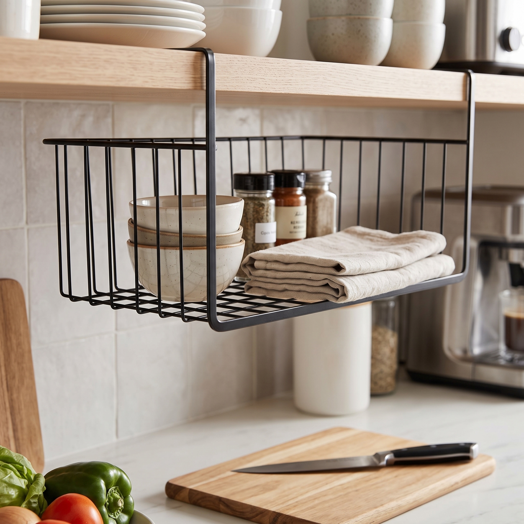 Image of Under Shelf Hanging Basket 2-pack, Black Metal Wire Shelf Basket, 6kg Load No Drill Cabinet Organizer, 40x25x15cm Space Storage For Kitchen Closet Pantry Bathroom, Mounted Closet Systems