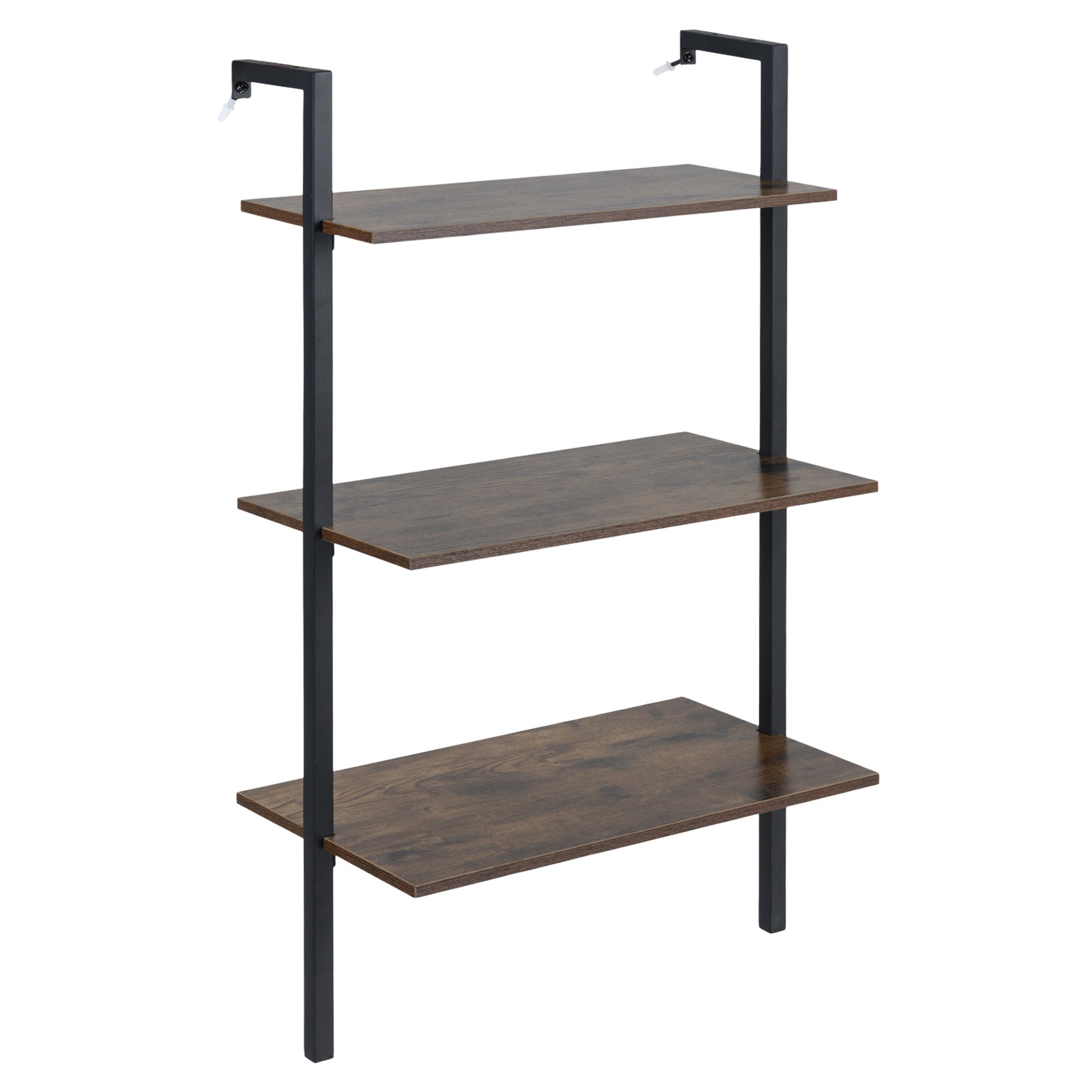 Image of 3-tier Industrial Wall-mounted Shelf Unit, Wooden Floating Shelving Unit, Metal Ladder Bookshelf, For Kitchen, Bathroom, Living Office, Standing Shelf