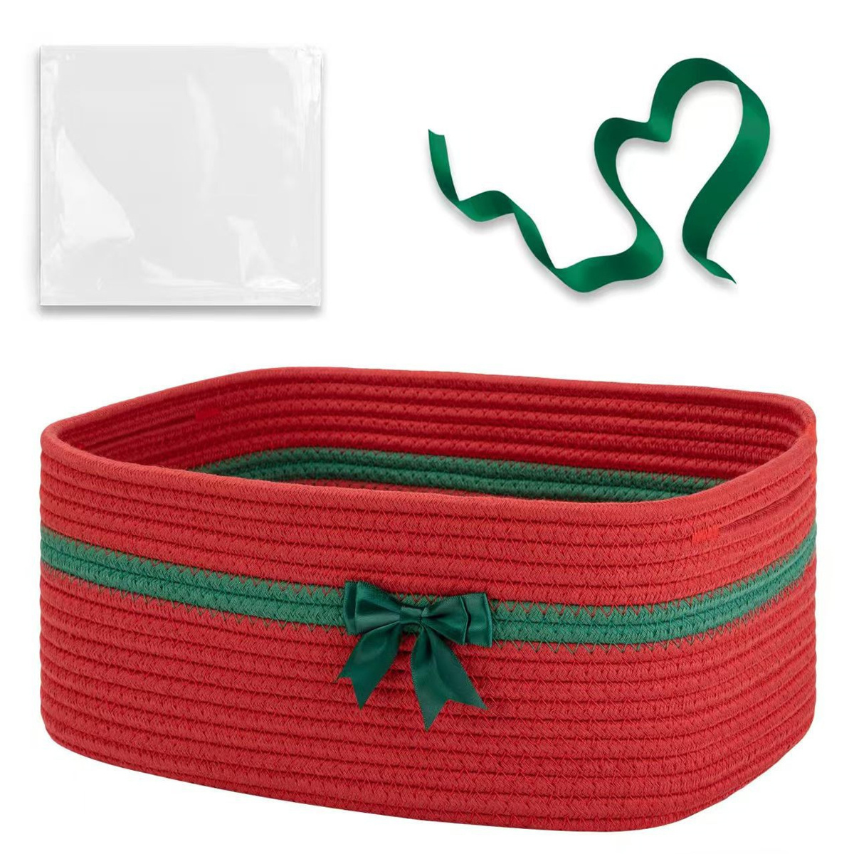 TEMU Christmas-themed Rectangular Woven Storage Basket 3pcs Set, Includes Storage Basket, Gift Bag & Decorative Ribbon With Bow Accents. Home Desktop