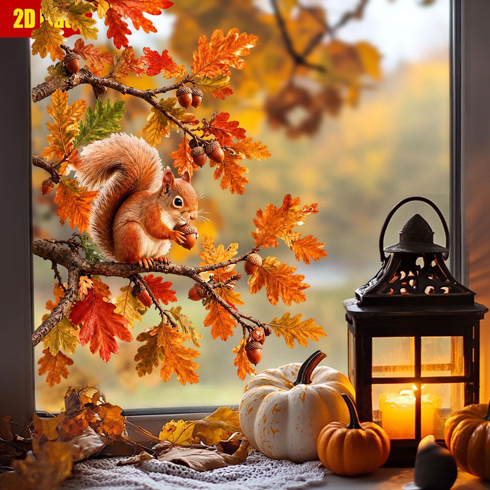 TEMU 1pc 2d Flat Autumn Squirrel Static Window Cling, Autumn Oak Leaf Branch Window Decal, Animal Glass Window Sticker, For Home Thanksgiving Decor