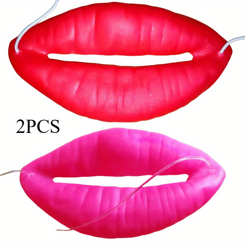 TEMU 2pcs Realistic Fake Lips Prank Gadgets - Thick Glossy Pvc Novelty Toys With Elastic Band, Pink & Red Textured Lip Gadgets For Adult Parties,