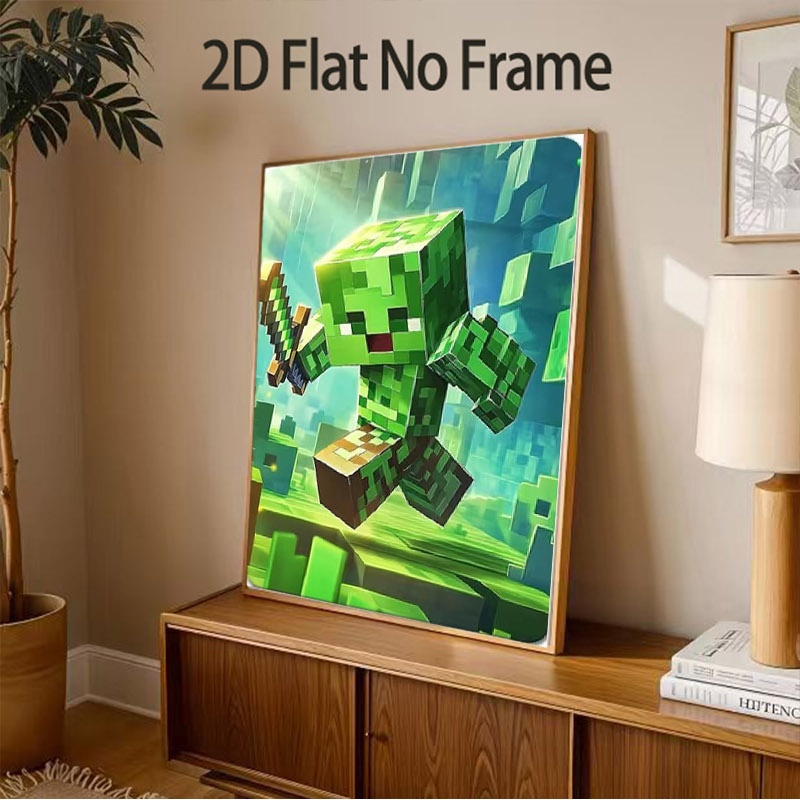 TEMU Plat 2D, 1 pièce Affiche d'art sur toile cadre 2D/Plat ; de grimpant vert pixélisé dans une de course dynamique, avec un fond de paysage de