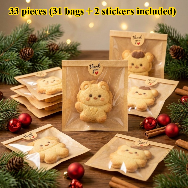 TEMU 33pcs (31pcs Bags And 2pcs Stickers) Clear Window Sealed Baking Bags, Food-grade Greaseproof Bags, Suitable For Christmas, Birthday, Baking