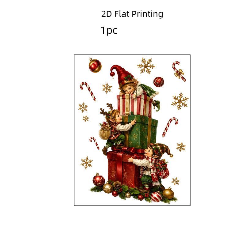 TEMU Plat 2D, 1 pièce, vitrostatique plate 2D pour fenêtre, Motif boîte cadeau elfe de Noël, festive, Éléments de neige et d'orge, Autocollant de