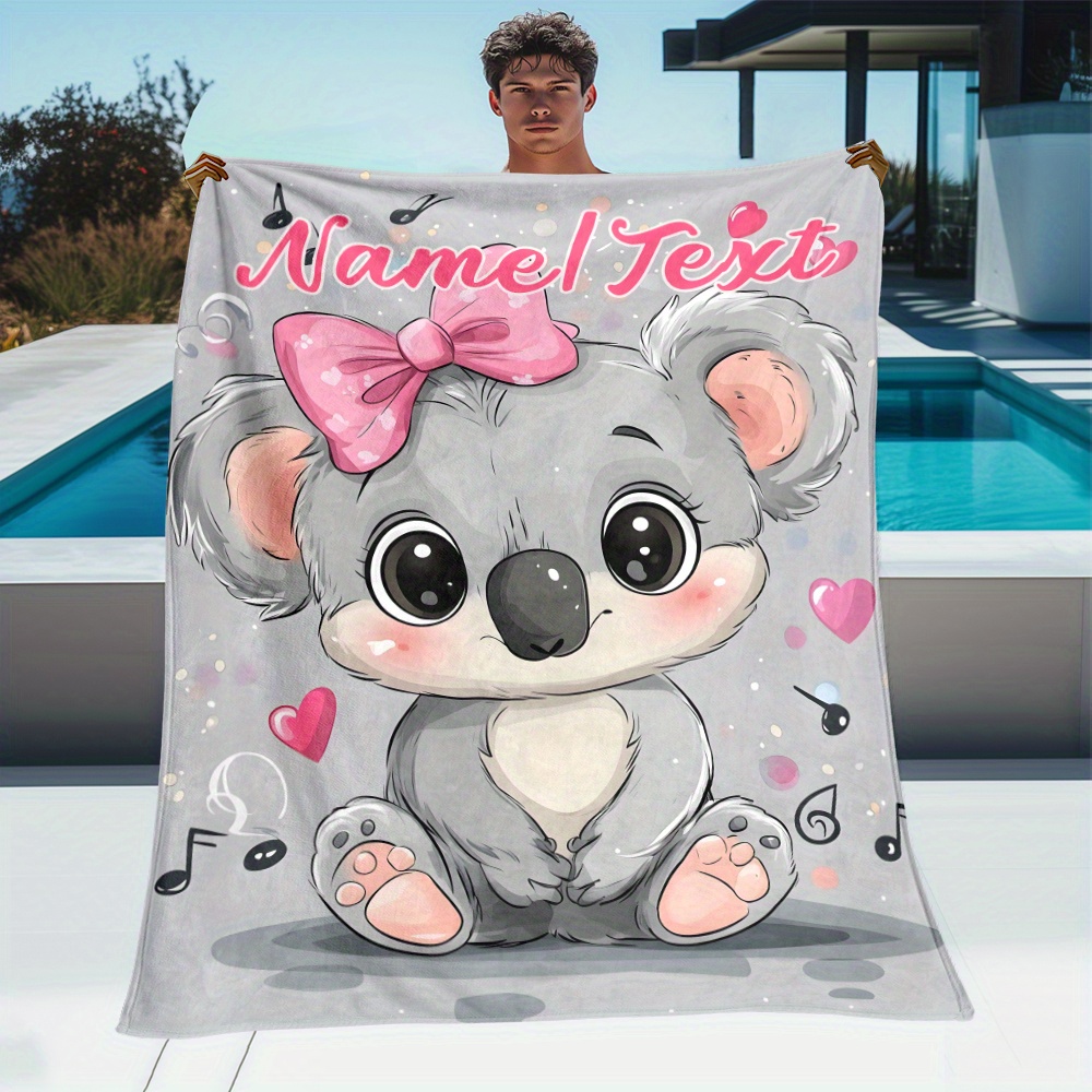 

1pc Style Personalized Koala Blanket - All Knitted Polyester Throw With Custom Name, , Tear Resistant, Soft Warm Lightweight Flannel For Sofa, Bed, Travel, Office - 200-250gsm