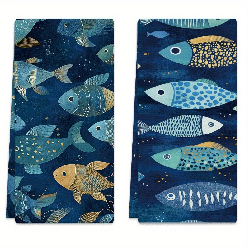 TEMU 2pcs Dish Towels 18x26 Inches, Fish Pattern, Polka Dot & Striped Microfiber Absorbent Kitchen Hand Towels, Suitable For , Baking, Bathroom Cleaning, Outdoor Activities, Tea Party Decor,