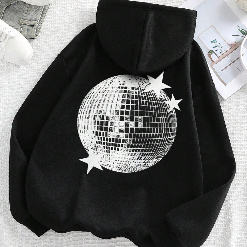 

Sweat à capuche décontracté en polyester pour femme avec imprimé géométrique boule disco et étoiles, avec capuche à cordon, pour /hiver