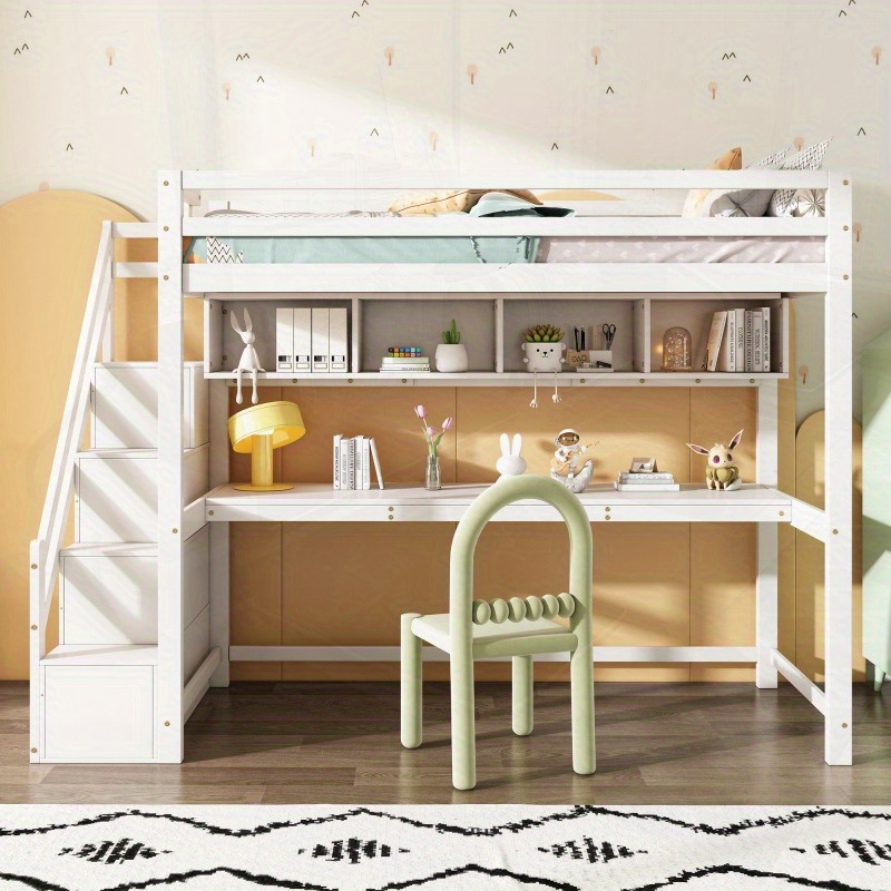 Wooden Bunk Bed 90190cm Loft Bed with Storage Stairs Made of Pine Wood Bed with Large Desk and Sheets with Slatted Frame White