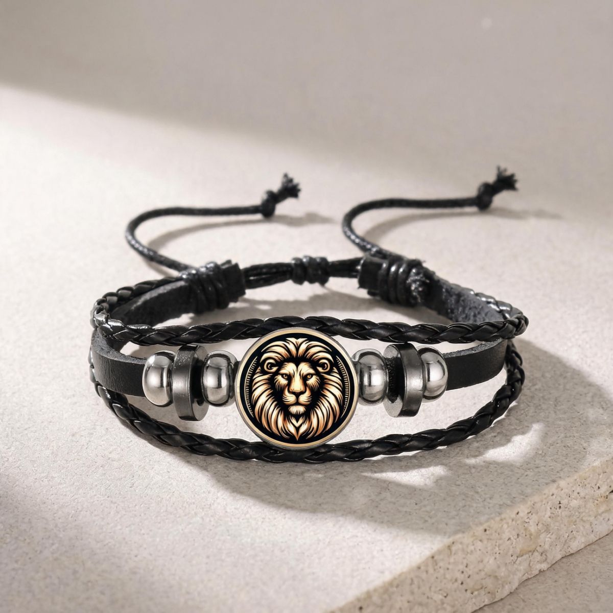TEMU Lion Round Ornament Braided Artificial Bracelet 2 Color Matching Adjustable Drawstring Wrist Jewelry Unisex Daily Wear Holiday