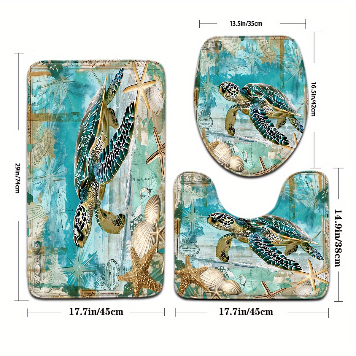 Image of 3pcs Summer Ocean-themed Vintage Turtle Pattern Bathroom Mat Set With Toilet Seat Cover And U-shaped Foot Pad.