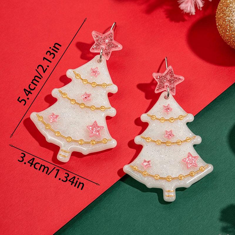 Christmas Pink Star Tree Earrings, Festive Dangle Gift