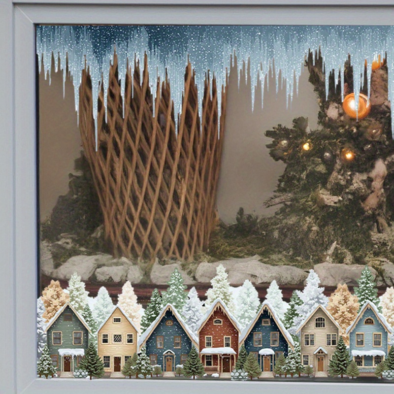 Image of Christmas Window Stickers, Christmas Tree And House Design Glass Stickers, Removable Pvc Window Stickers, For Home Window Door Glass Decoration Stickers, Christmas Party Decoration Supplies