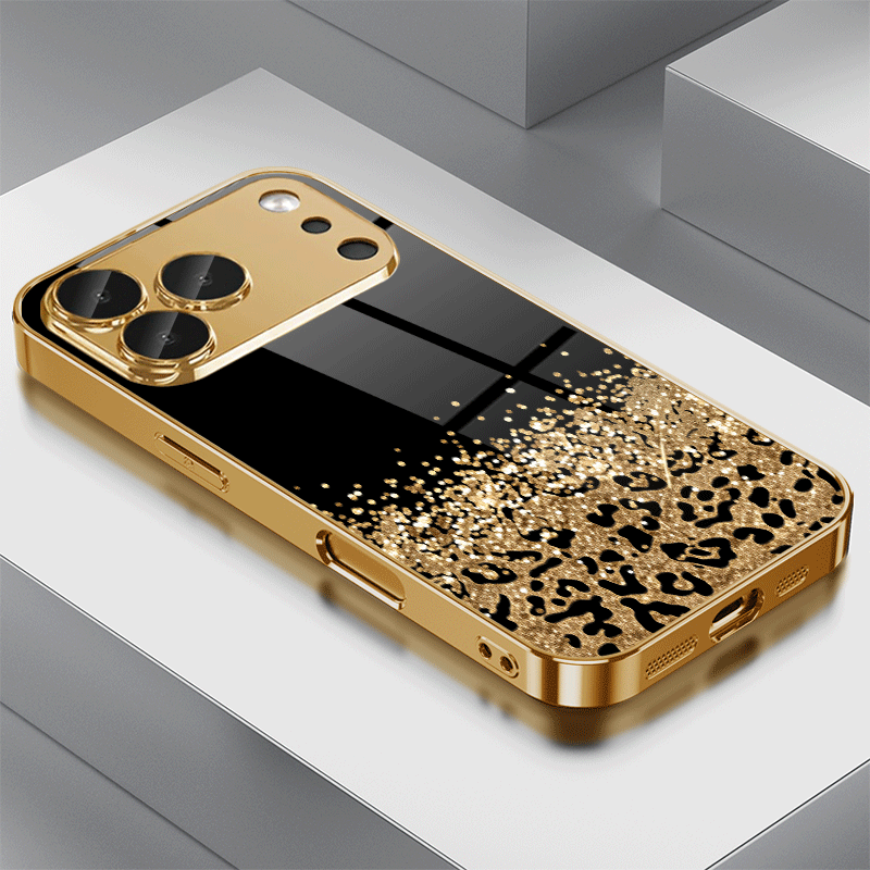 E-shop Handyhülle: Goldener Glitzer Leopardenmuster Glas Elektroplattierte Handyhülle. Kompatibel mit iPhone 17/17 Pro/17 Pro Max/17 Air/16/16 Pro/16