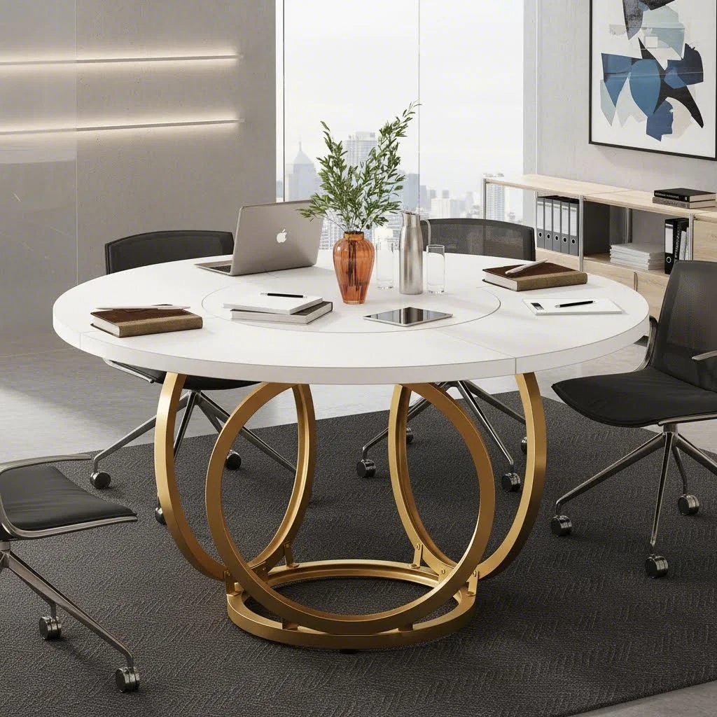 Modern White Round Meeting Inch Office Conference Desk With Golden Geometric Base (only Table 1pc)