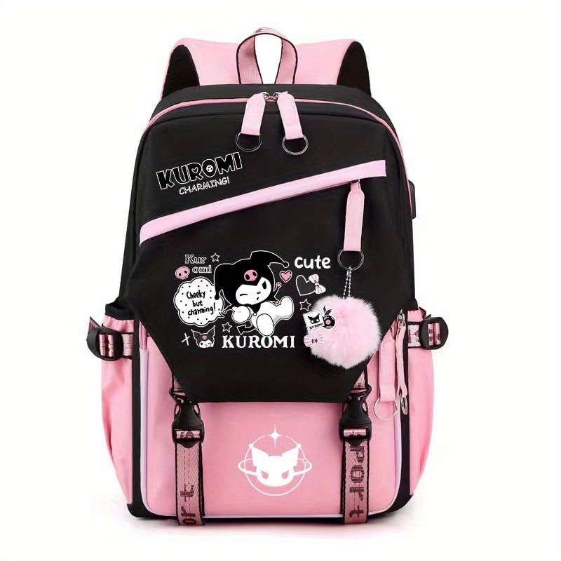 

1pc Sanrio Kuromi & For Hello Kitty Large Capacity Backpack, Casual Nylon Laptop Bag With Adjustable Shoulder Straps, Stain Resistant Zippered Computer Bag With Polyester And Lanyard For