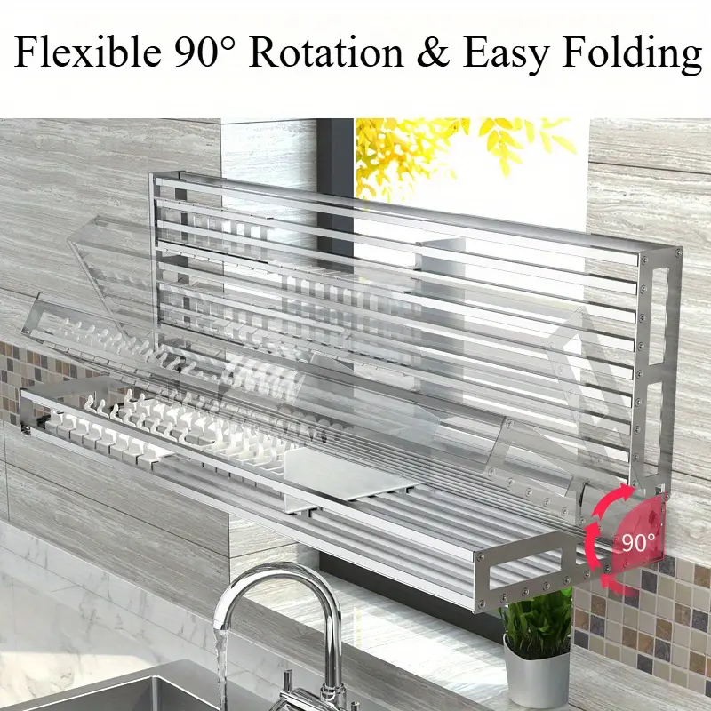1pc heavy duty foldable dish drying rack space saving wall or countertop organizer with utensil hooks plates cups sturdy stainless steel construction for modern kitchens easy to clean rust resistant kitchen organization sleek kitchen accessory rustresistant material compact storage durable kitchenware small kitchens Product details 4