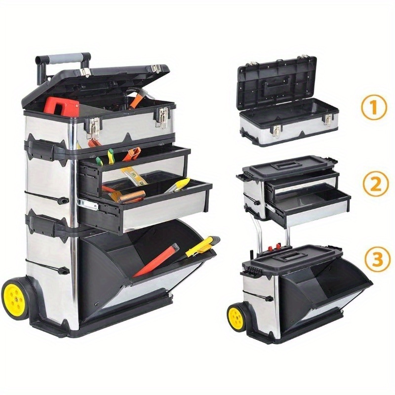 Heavy-Duty Tool Box with Wheels - 3-Compartment Portable Storage Organizer, Durable Thermoplastic Polyurethane, Ideal for Electricians, Construction Workers & Auto Repair,     Handles, Yellow Accents, and Secure Latches, Tool Organizer Storage, Construction Site Essentials, Sturdy Construction,   Material, Tool Boxes