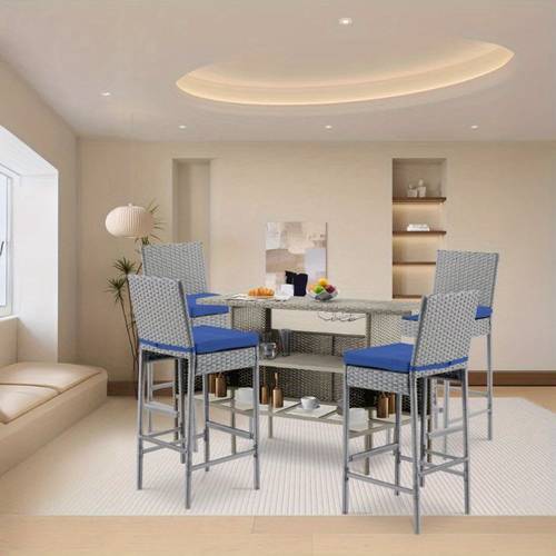 5pcs outdoor bar set rattan patio bar height table with 4 cushioned bar stools poolside backyard and patio gray