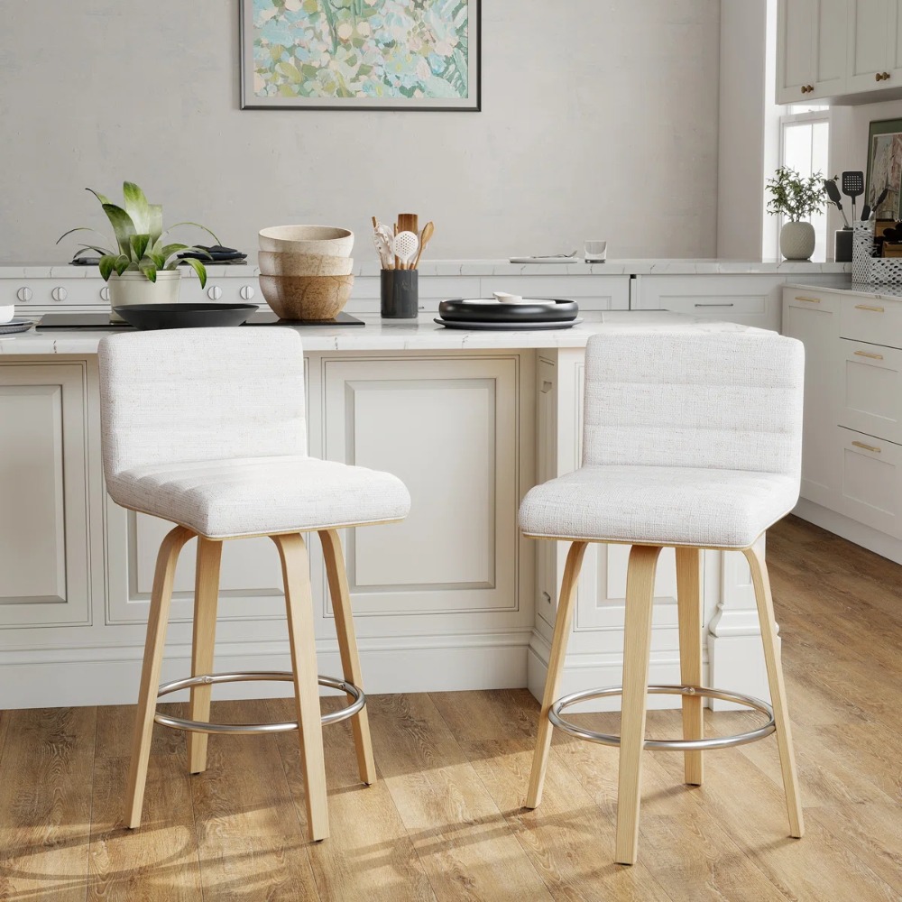Pair of Contemporary Bar Stools Featuring Backs, Rotating Counter-Height Design, Upholstered Fabric for Kitchen Islands, Sturdy Wooden Legs, Ideal for Home Kitchens And Pubs