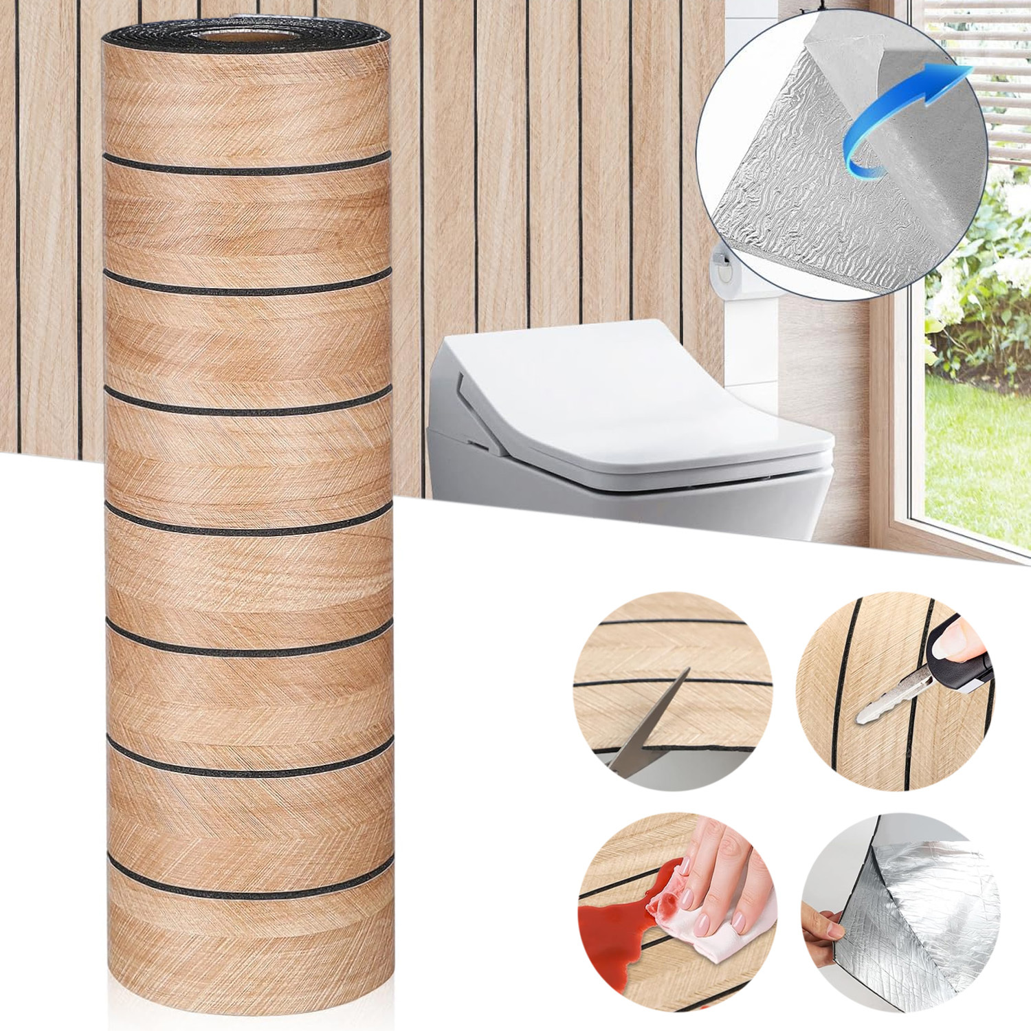 Image of Decorative Wood Grain Self-adhesive Wallpaper, Removable Wall Cover For Living Room Bedroom Kitchen Cabinet Table Renovation