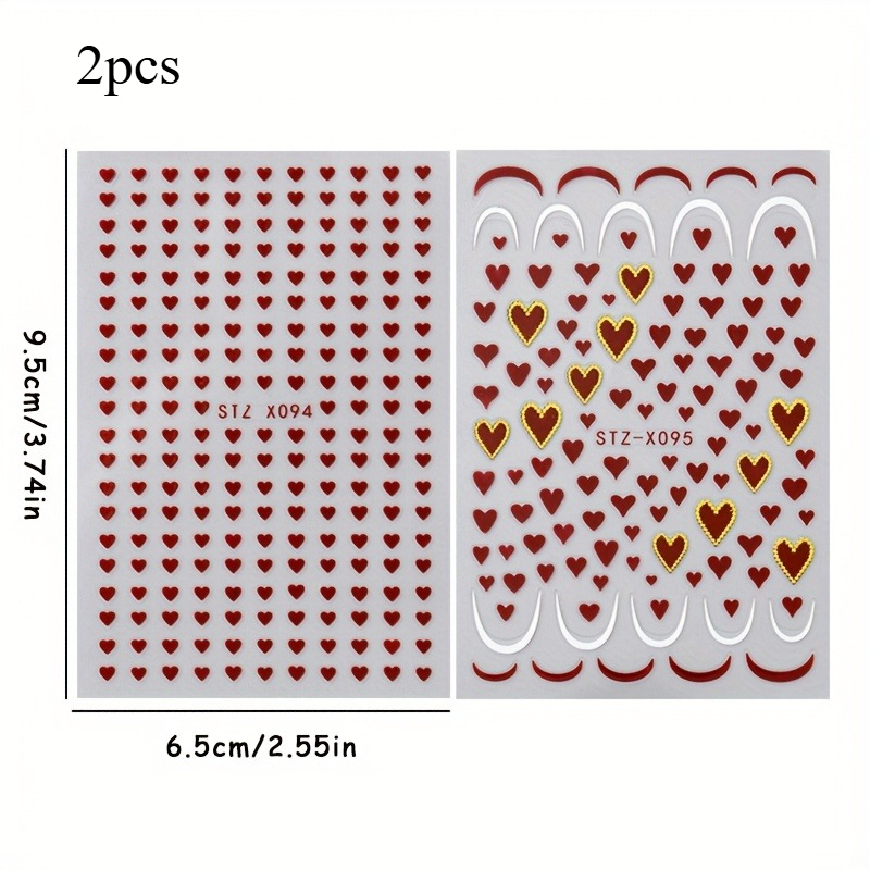 Image of 2pcs Red Heart Nail Stickers, , , Golden Glitter Heart Valentine's Day Nail Art Decals, New Year Nail Supplies, Diy Nail Art Decorations Suitable For Ladies And.