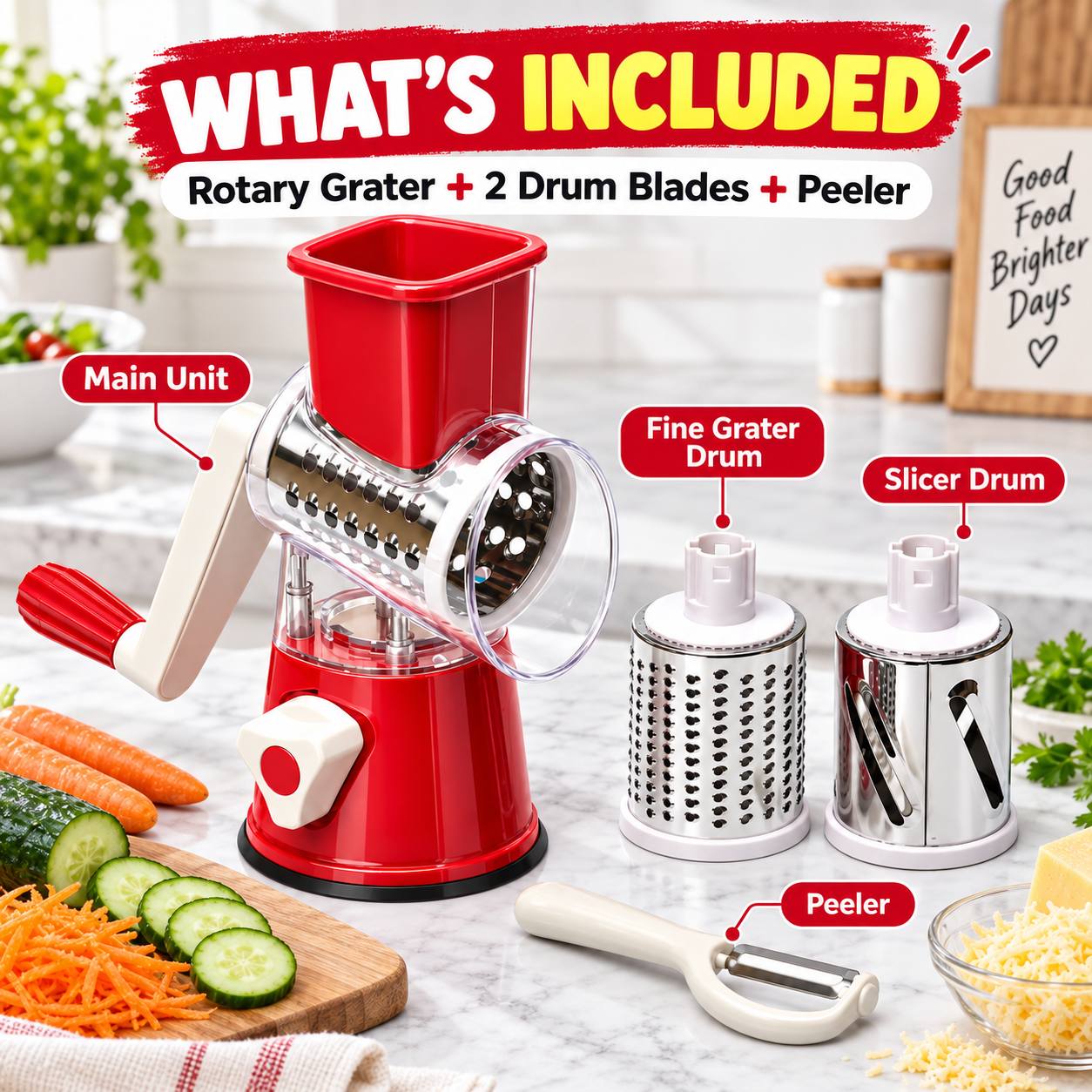 3 in 1 manual rotary grater hand crank cheese and vegetable slicer with 3pcs stainless steel drums suction base kitchen food prep tool Product details 0