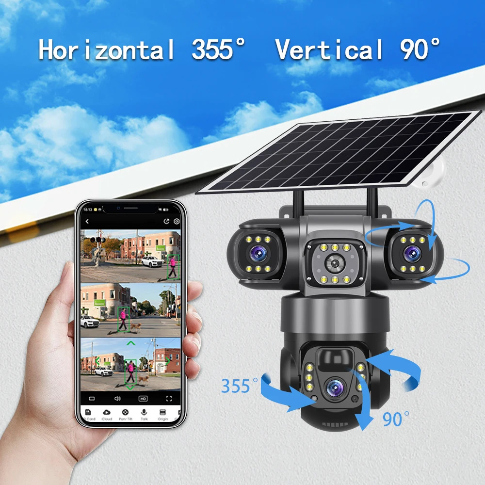 V380 Pro 3 Lens IP Solar Camera Outdoor Security CCTV Night Vision Two-Way Audio Camera Mobile Tracking 4G IP Camera
