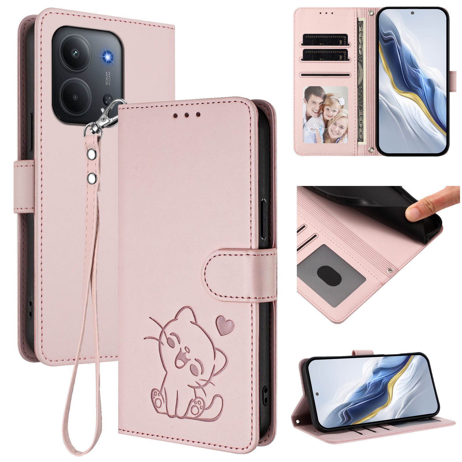 TEMU de teléfono: de cuero sintético con de gato con , compatible con Redmi 15C 4G/5G (173.1 mm), diseño de lindo, anticaídas con ranura para tarjeta