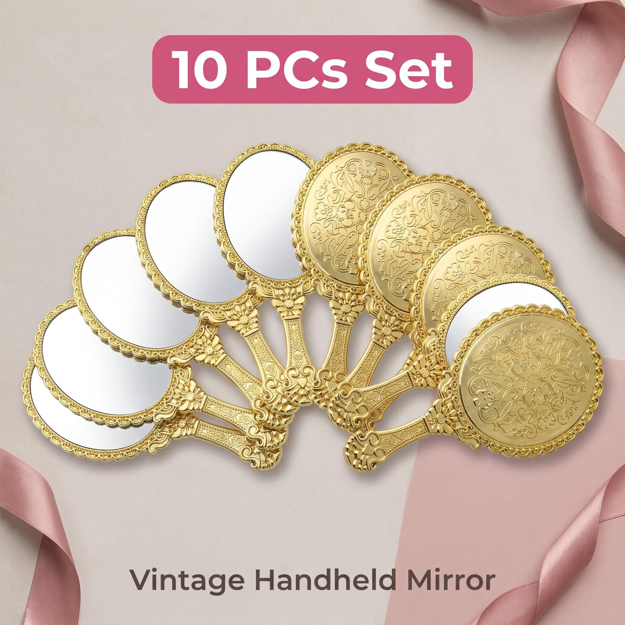 TEMU 10 Pack Vintage Full Golden Handheld Makeup Mirror, Retro Embossed Floral Oval Hand Mirror With Long Handle For Cosmetic Grooming, Touch Up And