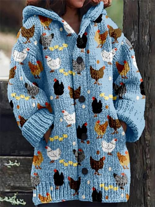 womens chicken and egg print long hooded sweater picnics garden parties spring or to add a to sizes xs 2xl are