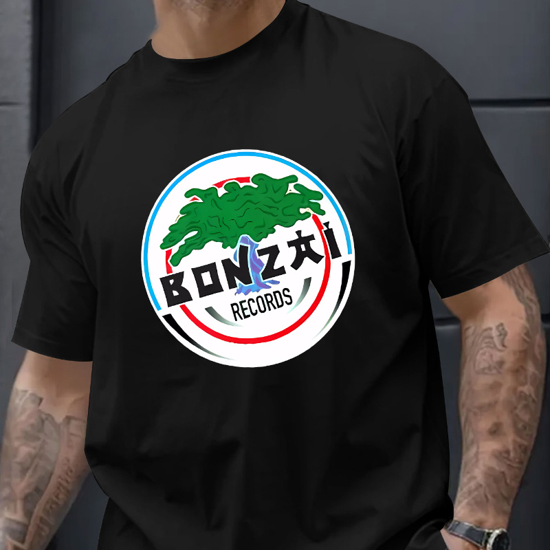 

Men's Bonzai Records Graphic T-shirt, Polyester Crew Neck Short Sleeve Tee, Casual Sports Style, Stretch, Summer Top For Weekend - Black