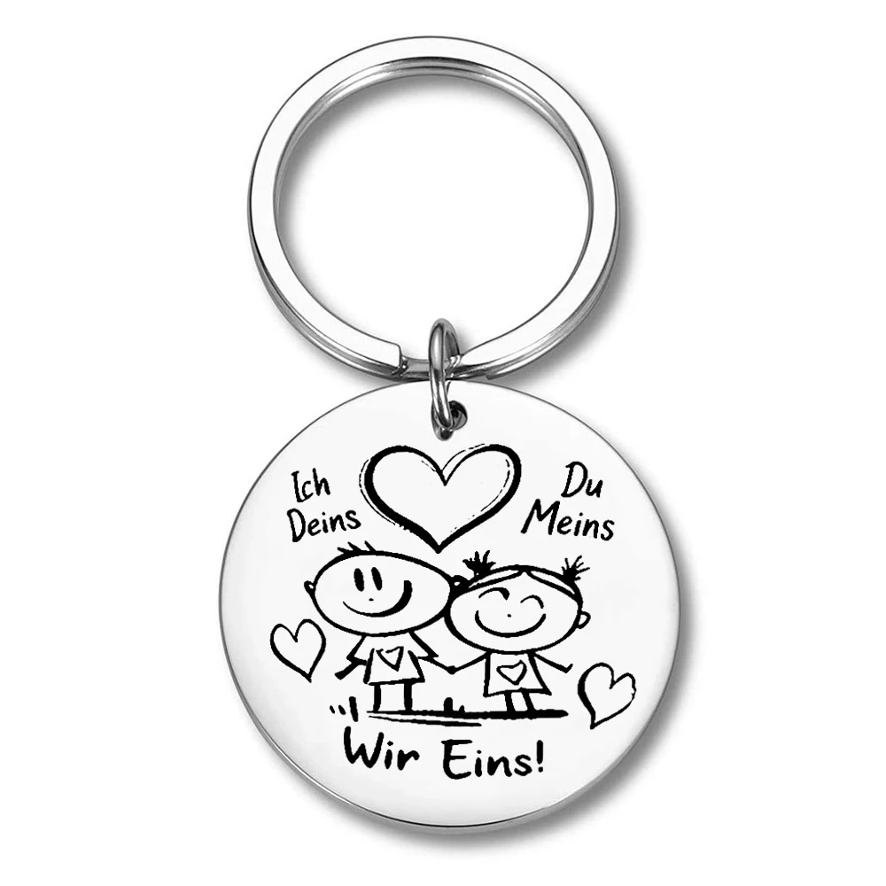 Image of 1pc Stainless Steel Round Keychain With Cute German Couple Design, Engraved "ich Du Meins Wir Eins", Anniversary Gift For Boyfriend Girlfriend , Charm, Durable Rust-proof Polished