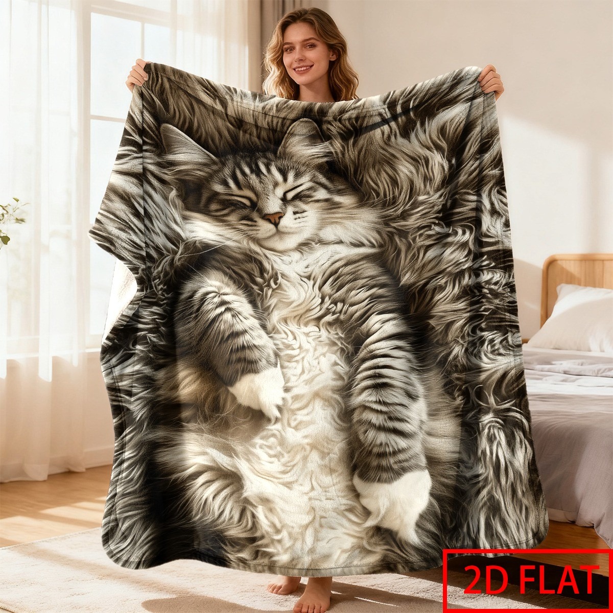 TEMU 2d Printed Oversized Blanket, 1pc, Featuring A Fluffy Norwegian Forest Cat Sleeping On Its Back. An And Comfortable Sofa Blanket, Suitable For