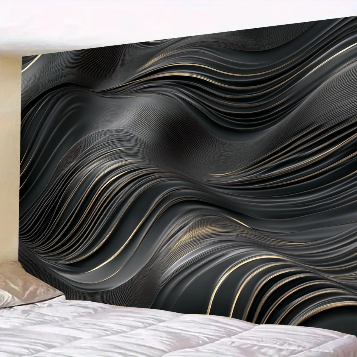 1pc Abstract Super Large Backdrop Banner - Black & Golden Wave Pattern Polyester Fabric, No Electricity Needed for Indoor/Outdoor Use, Perfect for Weddings, Birthdays, Anniversaries, Home Decor & Party Photo Backdrops, Event Decoration, Elegant Design, Durable Fabric, Wall Hanging, Wedding Decorators