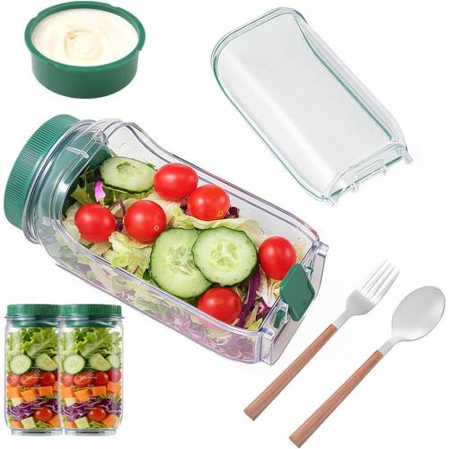 mason jar salad containers with a side opening 1000 ml leak resistant jars for salads complete with a dressing cup ideal for home office gym or picnics green 2pcs