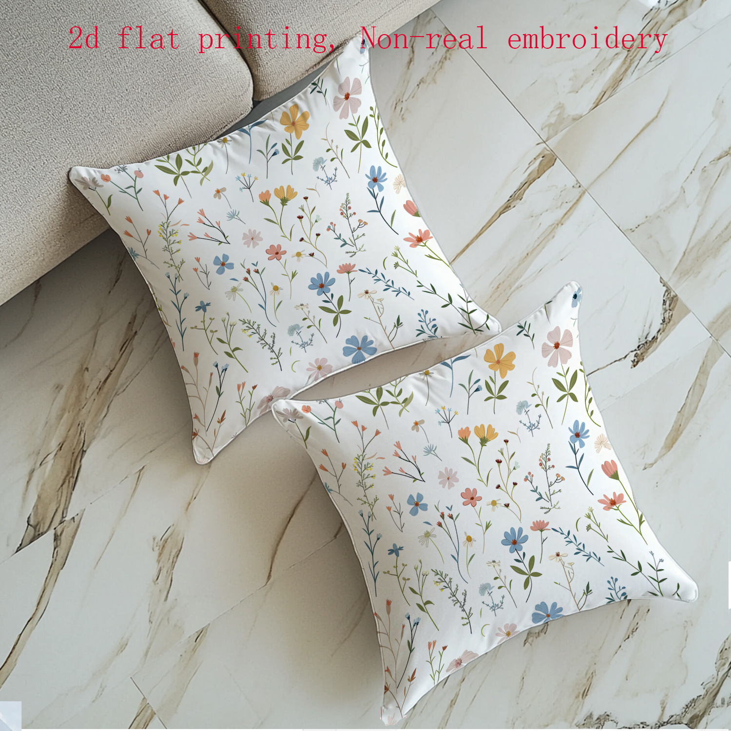 E-shop 2D Flat - 2er-Set, 2D-Flachdruck, frische, natürliche Kissenbezüge, geeignet für den Landhausstil, florale Muster, natürlich und harmonisch.