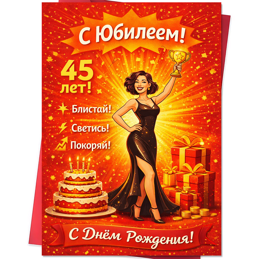 TEMU 1 Greeting Card + 1 Envelope1pcs Greeting Card For Daughter On Her 45th Birthday And Achievements With Cake Gifts And Trophy Scene