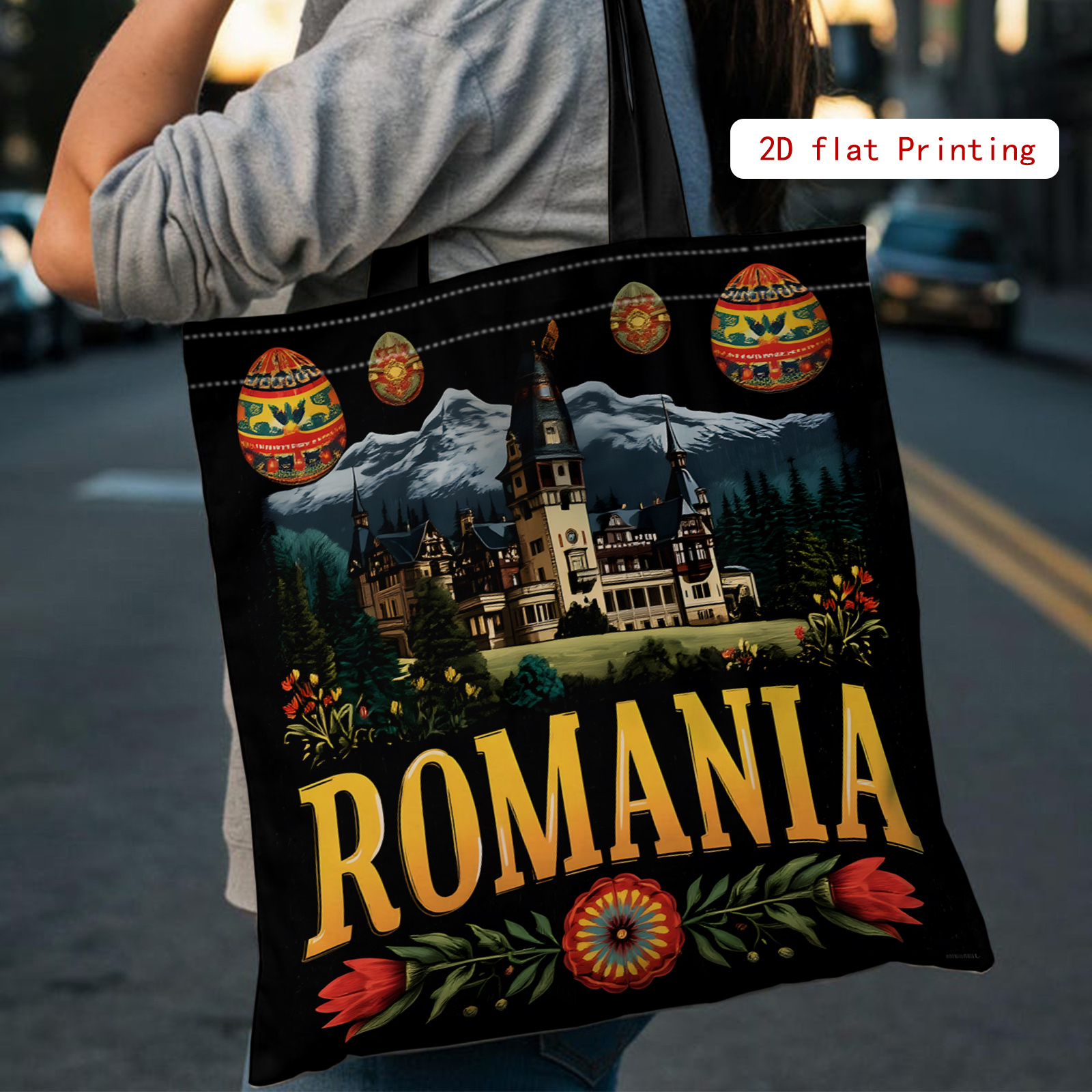 TEMU Bolsa tote de 1 pieza con impresión 2D de cara para Acción de Gracias, de rumano y , bolsa de compras reutilizable, bolso de y bolso de para