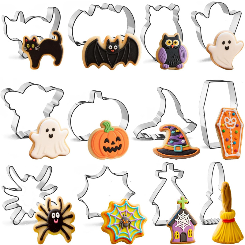 Image of A Set Of 12 Luxurious Cookie Cutters For Halloween In Autumn, Featuring Shapes Like Bats, , Witches, Pumpkins, , , Brooms, Coffins, Haunted Houses, And Witch Hats. Made From Food-grade Stainless Steel