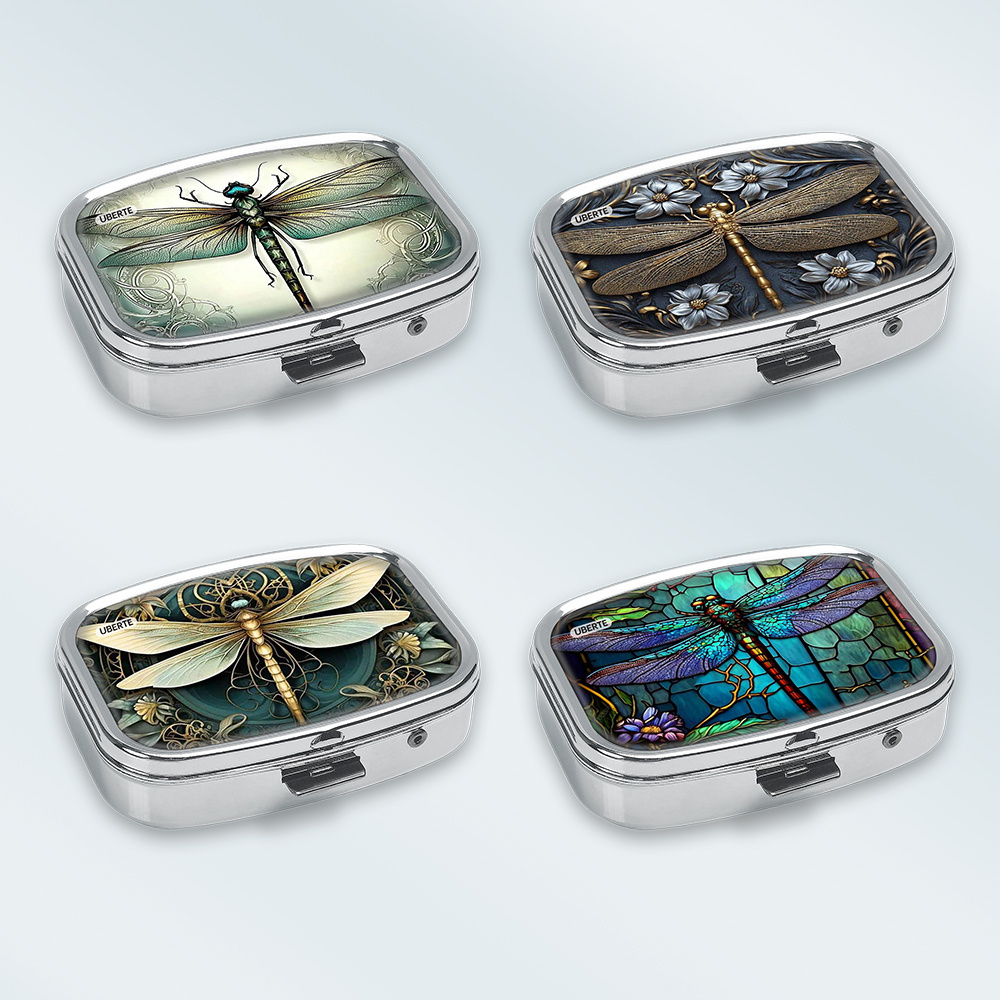 TEMU 4-pack Dragonfly Art Decorative Pattern Printed Metal Medicine Box, Double Compartment Pocket Square Box, 3d Glue Multifunctional Medicine And